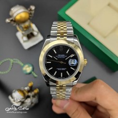 تصویر ساعت رولکس دیت جاست مردانه طلایی نقره ای بند جوبیلی صفحه مشکی ایندکس رولکس ( Rolex )