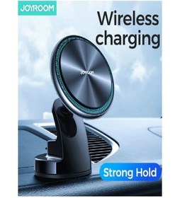 تصویر شارژر بی‌سیم مغناطیسی خودرو با حلقه LED مشکی برند joyroom Magnetic Wireless Car Charger Holder with LED Letter Ring Black