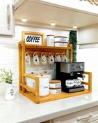 تصویر استند چوبی کافه بار مسترکلاغ – نظم‌دهنده برای قهوه‌ساز و فنجان استند کافه بار ساده یک رنگ