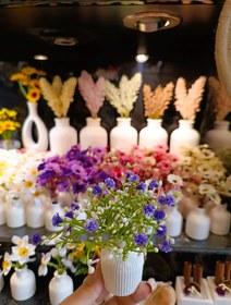 تصویر گلدان کوچک با گل های ریز بنفش 