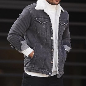 تصویر کت جین دودی خز دار شیک و جدید - L Charcoal denim jacket all fur