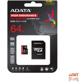 تصویر کارت حافظه microSD ای دیتا مدل HIGH ENDURANCE کلاس A2 V30 استاندارد UHS-I U3 سرعت 100MBps ظرفیت 64 گیگابایت به همراه آداپتور SD ADATA MicroSD XC/SDHC High Endurance UHS-I U3 Class A2 V30 100MBps 64 GB with SD adaptor