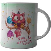 تصویر ماگ چاپلینو طرح کودکانه owl never sleeps جغد – M221 Chaplino mug children's design owl never sleeps