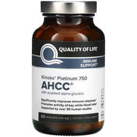 تصویر جعبه اصلی مکمل Quality of Life Premium Kinoko Platinum AHCC – 60 کپسول گیاهی 750 ا Lebensqualität Premium Kinoko Platinum AHCC Supplement – 60 vegetarische Kapseln Lebensqualität Premium Kinoko Platinum AHCC Supplement – 60 vegetarische Kapseln