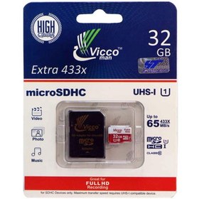تصویر رم میکرو 32 گیگ ویکومن Vicco 65MB/s + خشاب Vicco man microSD Class 10 U1 65MB/s 433X 32GB With Adapter