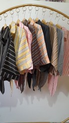 تصویر شومیزگره ای خط دار،آستین سه ربع،یقه دار،جلودکمه - نوک مدادی کم رنگ 