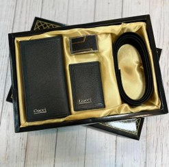 تصویر ست کادویی چرم صنعتی گوچی کیف پول کتی،کمربندوکیف کارت 