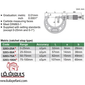 تصویر میکرومتر خارج سنج 75-3203 اینسایز (75-50 میلیمتر) outside-micrometer-75-3203-insize