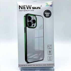 تصویر قاب گوشی گاردگوشی موبایل آیفون13پرومکس طرح پشت طلق شفاف دور رنگی براق برند نیو اسکین رنگ سبز 