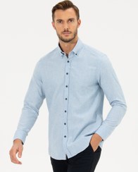تصویر پیراهن آستین بلند مردانه یقه برگردان ساده بدون جیب آبی پیرکاردین 