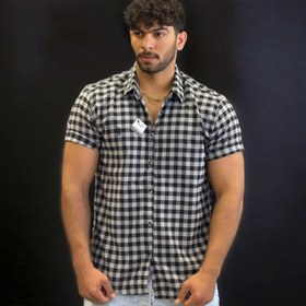 تصویر پیراهن آستین کوتاه - چهارخونه مشکی سفید / L 
