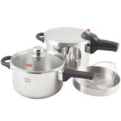 تصویر زودپز دوقلو پارس استیل کف سه لایه (4.5 و 6 ليتر) با درب و بخارپز Parssteel Twin Pressure-Cooker 6+4.5 Litres With Lid And Steamer