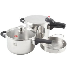 تصویر زودپز دوقلو پارس استیل کف سه لایه (4.5 و 6 ليتر) با درب و بخارپز Parssteel Twin Pressure-Cooker 6+4.5 Litres With Lid And Steamer