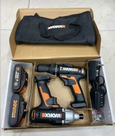 تصویر دریل شارژی چکشی و پیچ بند تقه ای ورکس Worx WX386.9 wx291.9 Worx WX386.9 wx291.9 Twin pack of rechargeable hammer drill and wedge screw 20v