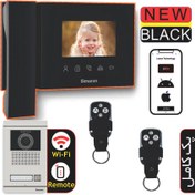 تصویر پک کامل آیفون تصویری مشکی سیماران با نرم افزار و ریموت دربازکن ( مانیتور 4.3 اینچ 47TK، پنل فرداد 1 واحد، رسیور قابل اتصال به تلفن همراه ترانس دار با 2 ریموت، قفل بازکن زنجیری) Simaran 47TK + Lexon TRW