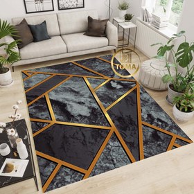 تصویر فرشینه طرح مدرن خطوط طلایی زمینه ذغالی خاکستری کد h259 modern rug h259