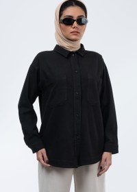 تصویر شومیز کتان پایین هلال مشکی Black cotton shirt with curved hem