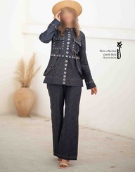 تصویر ست کت و شلوار زنانه جین سورمه ای گره استایل مدل کابوی 