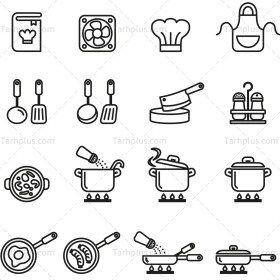 تصویر مجموعه آیکن های ظروف و ابزار آشپزخانه kitchen utensils and tools icons set