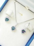 تصویر نیمست نقره جواهری قلب با سنگ رنگی - صورتی / با زنجیر 