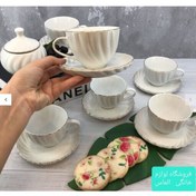 تصویر چای خوری 6 نفره 14 پارچه لمون لب طلا مارپیچ ( سرویس چای خوری ) هدیه کادو روز مادر روز زن 