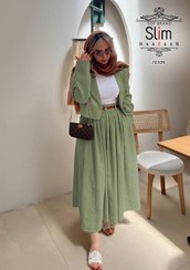 تصویر ست کت و دامن جیبدار لینن ترک وارداتی شیک رنگ سبز 