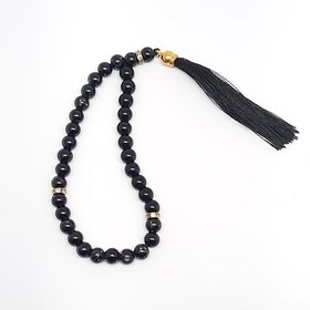 تصویر تسبیح ۳۳ دانه مروارید سنگی مشکی مدل منگوله دار فاخر 