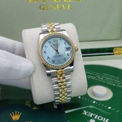 تصویر ساعت زنانه رولکس سایز مدیوم نگین مخراج شده عدد عربی آبی Rolex 