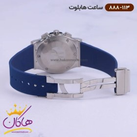 تصویر ساعت مردانه هابلوت کرنوگراف آبی قاب نقره‌ای بند رابر هابلوت ( Hublot )