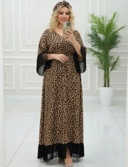 تصویر لباس مجلسی زنانه ماکسی ریشه دار پلنگی 