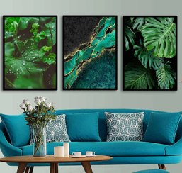 تصویر تابلو دکوراتیو سه تیکه کد 3256 تابلو مدرن طرح برگ سبز مشکی