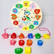 تصویر ساعت آموزشی چوبی با نخواره و اشکال 