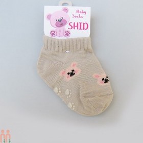 تصویر جوراب مچی نوزاد نخی استپ دار نسکافه ای خرس 0 تا 1 سال Baby cute socks 