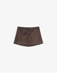 تصویر شلوارک دامنی کوتاه جیر مصنوعی با گل میخ زنانه قهوه ای برشکا 