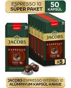 تصویر Jacobs Espresso 10 Intenso Nespresso قهوه کپسول آلومینیومی سازگار با قهوه 10 pcs x 5 بسته Jacobs Espresso 10 Intenso Nespresso Uyumlu Alüminyum Kapsül Kahve 10 Adet X 5 Paket