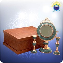 تصویر ست آینه و شمعدان بزرگ مس و فیروزه کوب با جعبه ام دی اف چرمی 