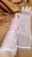 تصویر دستکش توری مجلسی با دیزاین مروارید و نگینی - سفید 