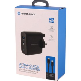 تصویر شارژر دیواری فست شارژ Powerology PWCUQC004-C 2Port QC3.0 PD 3A 45W + کابل تبدیل تایپ سی 