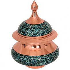 تصویر قندان نقلی فیروزه کوب امضا دار-اثر استاد آقاجانی Sugar Bowl tinny, turquoise