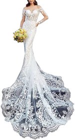 تصویر Ike Chimbandi Sheer Neck Mermaid Lace Wedding Dresses Long Sleeve Boho Chapel Bridal Gown 4 Ivory 