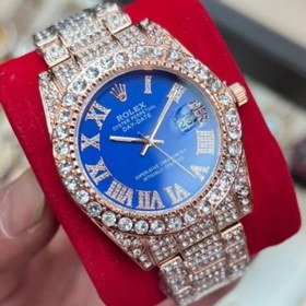 تصویر ساعت رولکس فول استون نگین دار بند طلایی صفحه ابی ROLEX کد1430 