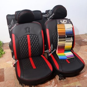 تصویر روکش صندلی چرمی خودرو سوشیانت مدل افرا مناسب برای کوئیک به همراه پشت گردنی و جعبه نظم دهنده 