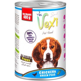 تصویر کنسرو پته ای توله سگ وکسی طعم مرغ و نخودفرنگی 400 گرمی VEXI dog With chicken 400 ML