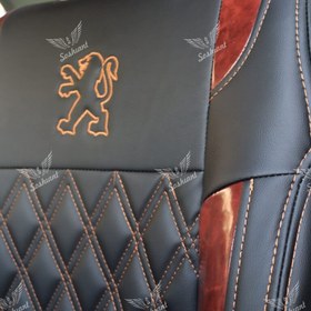تصویر روکش صندلی مناسب پژو پرشیا و 405 (چرم مشکی خرجکار طرح چوب) همراه با پشت گردنی 