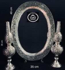 تصویر آینه و شمعدان شبه نقره (آینه طرح نقره بیضی و لاله مدل چراغ نفتی طرح نقره) Silverplate mirror and candlestick