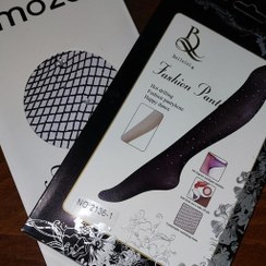 تصویر جوراب شلواری زنانه نگین دار فاق باز و بسته رنگ مشکی و کرم 