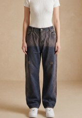 تصویر شلوار جین زاپ دار دخترانه مدل نیم بگ آبی چرک 