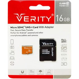 تصویر کارت حافظه microSDHC UHS-I وریتی همراه با آداپتور ظرفیت 16 گیگابایت با سرعت 95mb کارت حافظه microSDHC UHS-I وریتی همراه با آداپتور ظرفیت 16 گیگابایت با سرعت 95mb