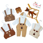 تصویر ست نوزادی شلوار پیشبندی و بلوز و کلاه 