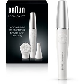 تصویر اپیلاتور صورت براون (Braun) مدل FaceSpa Pro 910، حذف موهای صورت برای زنان، دستگاه حذف مو، اپیلاتور ۲ در ۱ با برس پاکسازی 